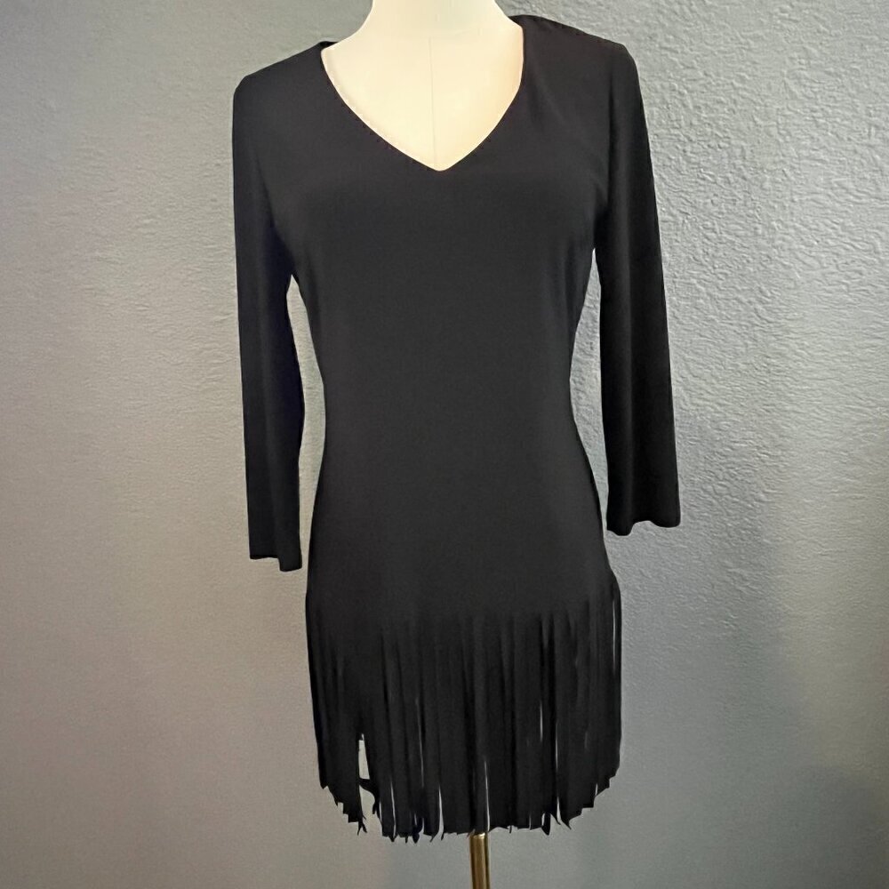 FRANK LYMAN DESIGN Fringe Tunic Top Mini Dress 3/4 Sleeve - Black -EUC Size S